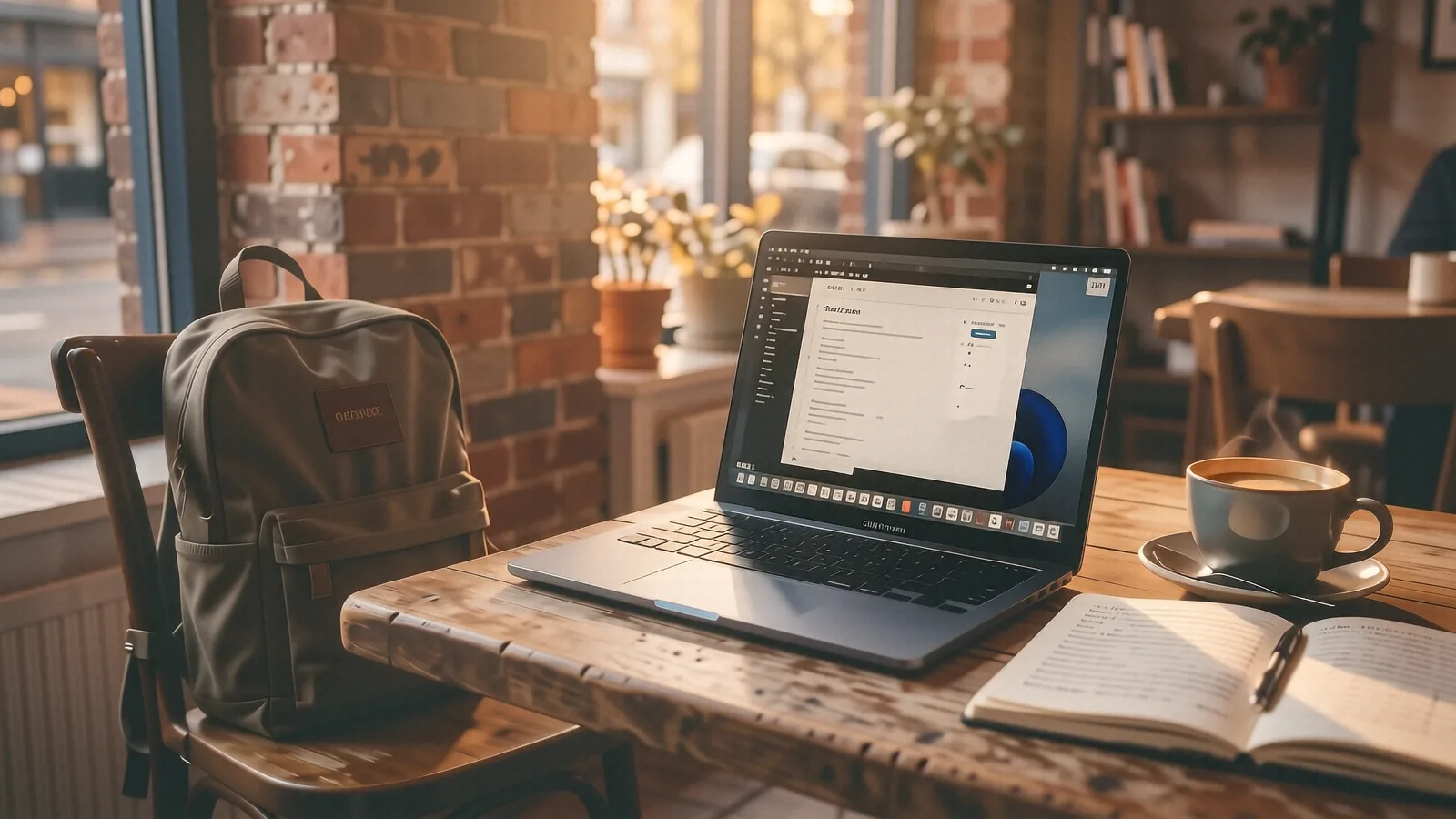 Thin modern laptop on a cafe table beside a coffee cup and notebook