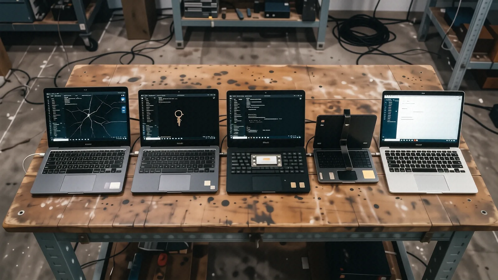Overhead workshop bench shot with five laptops each showing a different defect