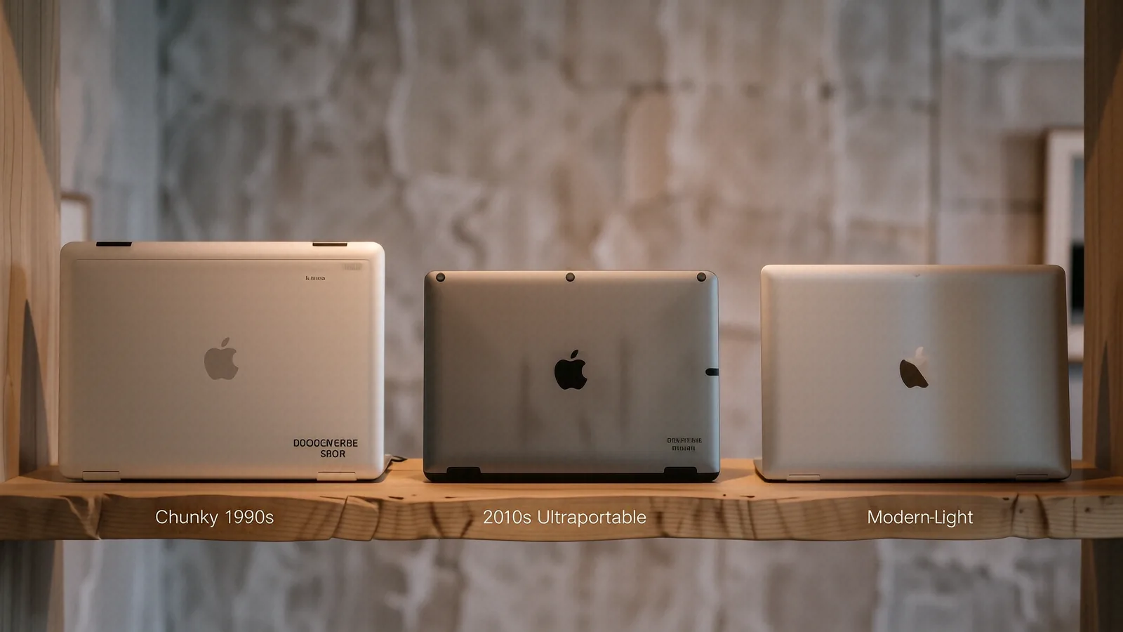 Three laptops representing different eras lined up on a wooden shelf