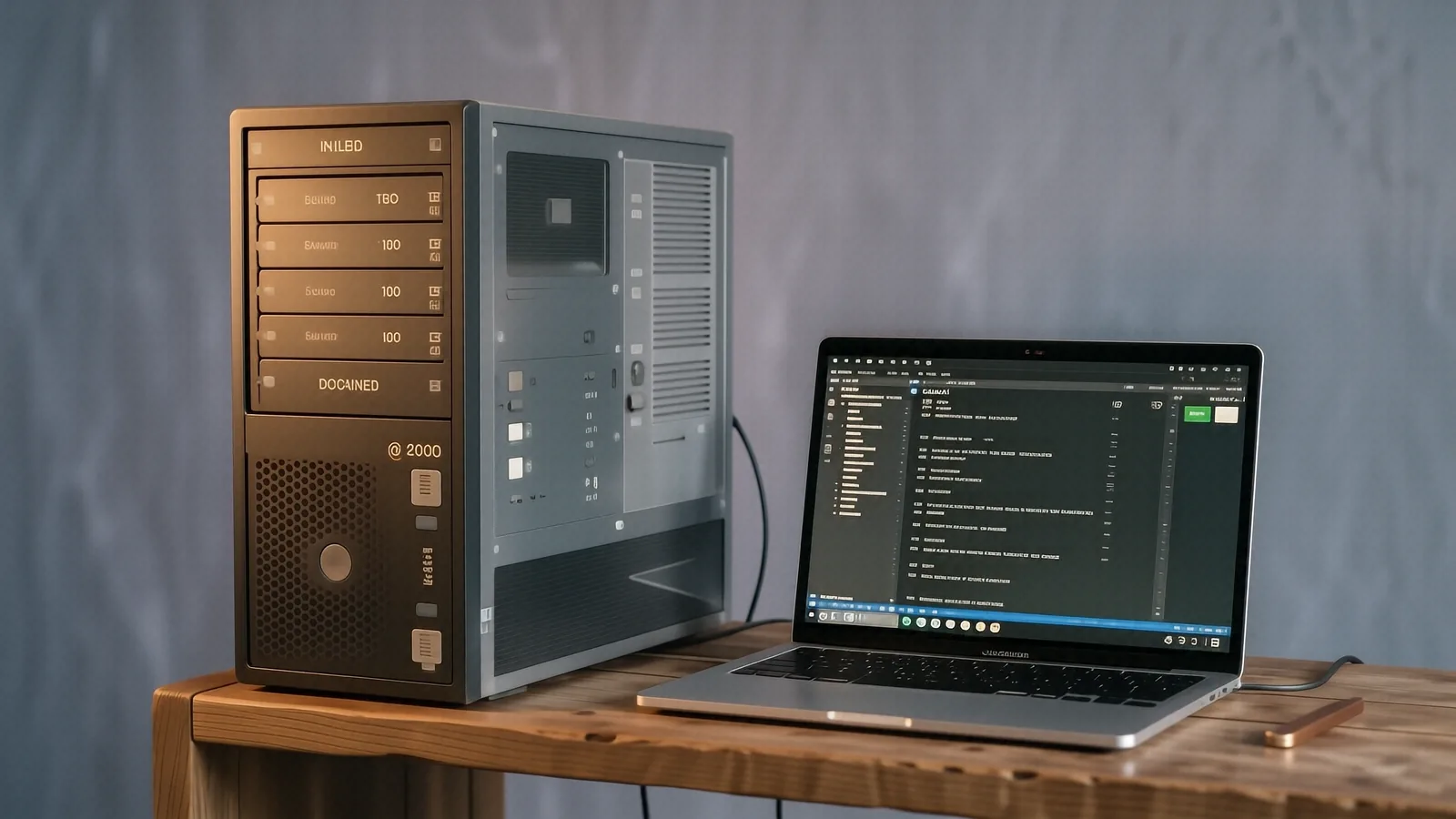 Early-2000s desktop tower beside a modern thin laptop, contrasting eras