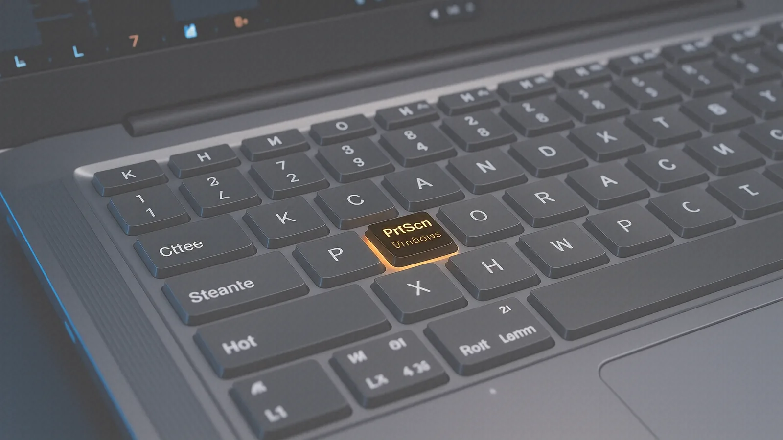 Laptop keyboard close-up with the PrtScn and Windows keys highlighted by lamp light