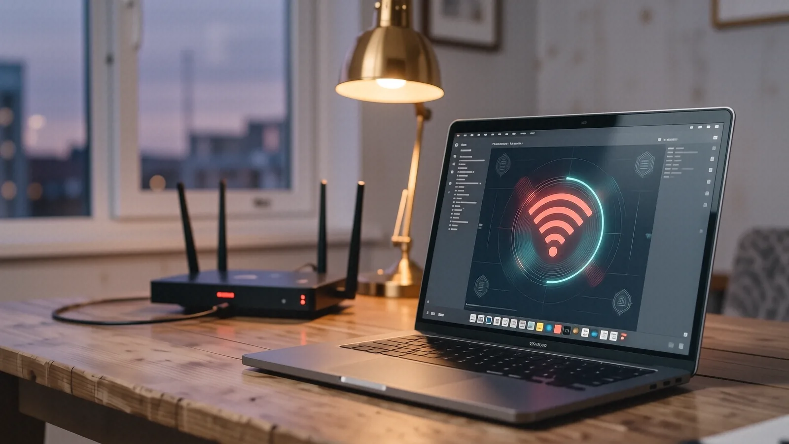 Laptop on a wooden desk showing a Wi-Fi signal indicator with a red error icon