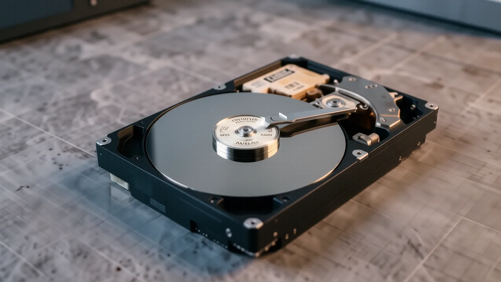 Bare hard disk drive with platter cover removed and read-write head arm visible