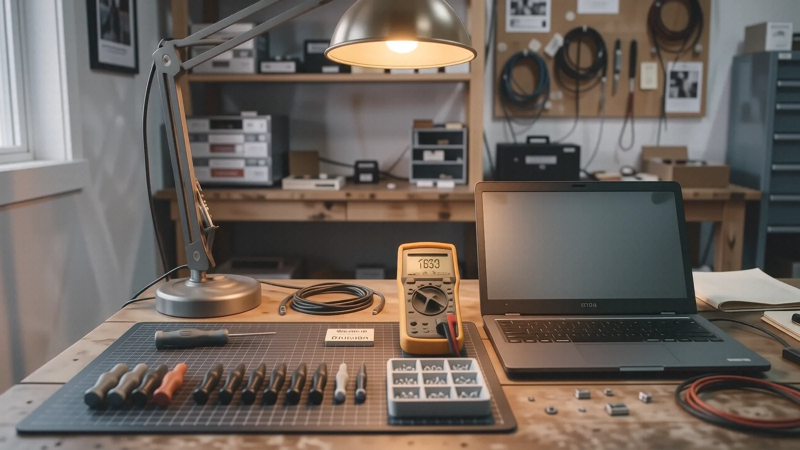 Independent computer repair workbench in Centerville, Ohio with diagnostic tools laid out