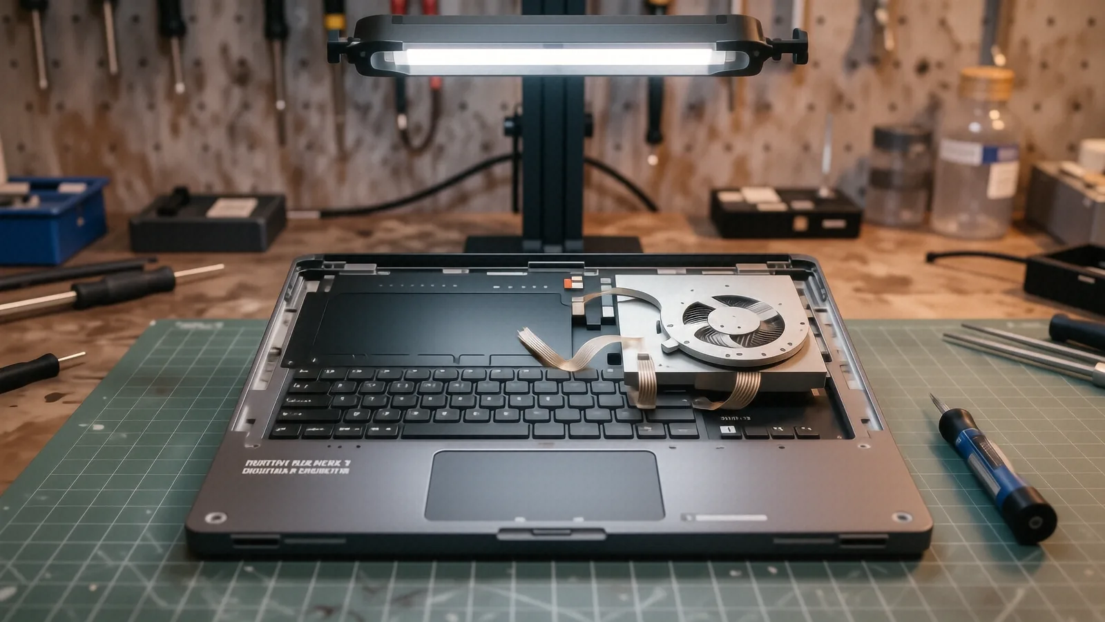 Open laptop chassis on a repair bench with internal cooling fan and ribbon cables visible